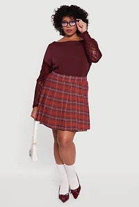 Womens Plus Size High Waisted Plaid Pleated Mini Skirt, Burgundy, Size 2X