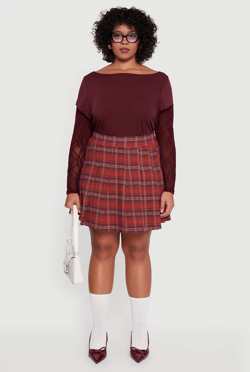 Womens Plus Size High Waisted Plaid Pleated Mini Skirt, Burgundy, Size 2X