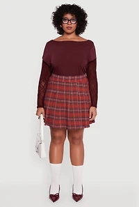 Womens Plus Size High Waisted Plaid Pleated Mini Skirt, Burgundy, Size 2X