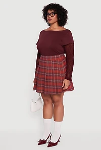 Womens Plus Size High Waisted Plaid Pleated Mini Skirt, Burgundy, Size 2X