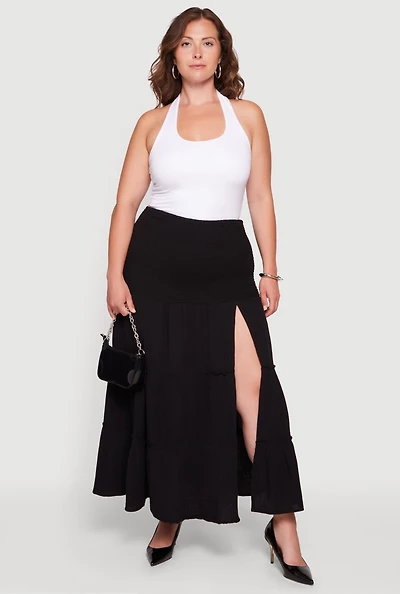 Plus High Waisted Smocked Tiered Skirt with Side Slit