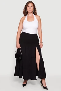 Plus High Waisted Smocked Tiered Skirt with Side Slit