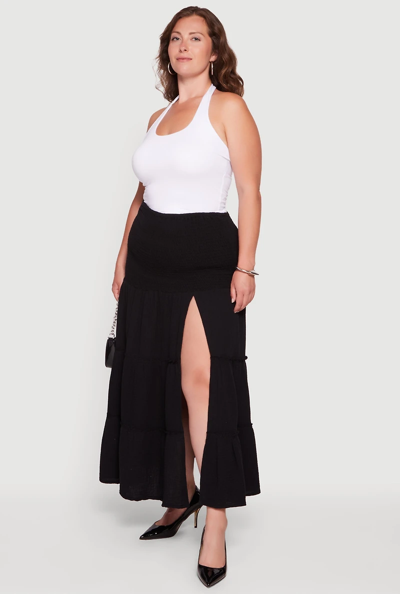 Plus High Waisted Smocked Tiered Skirt with Side Slit