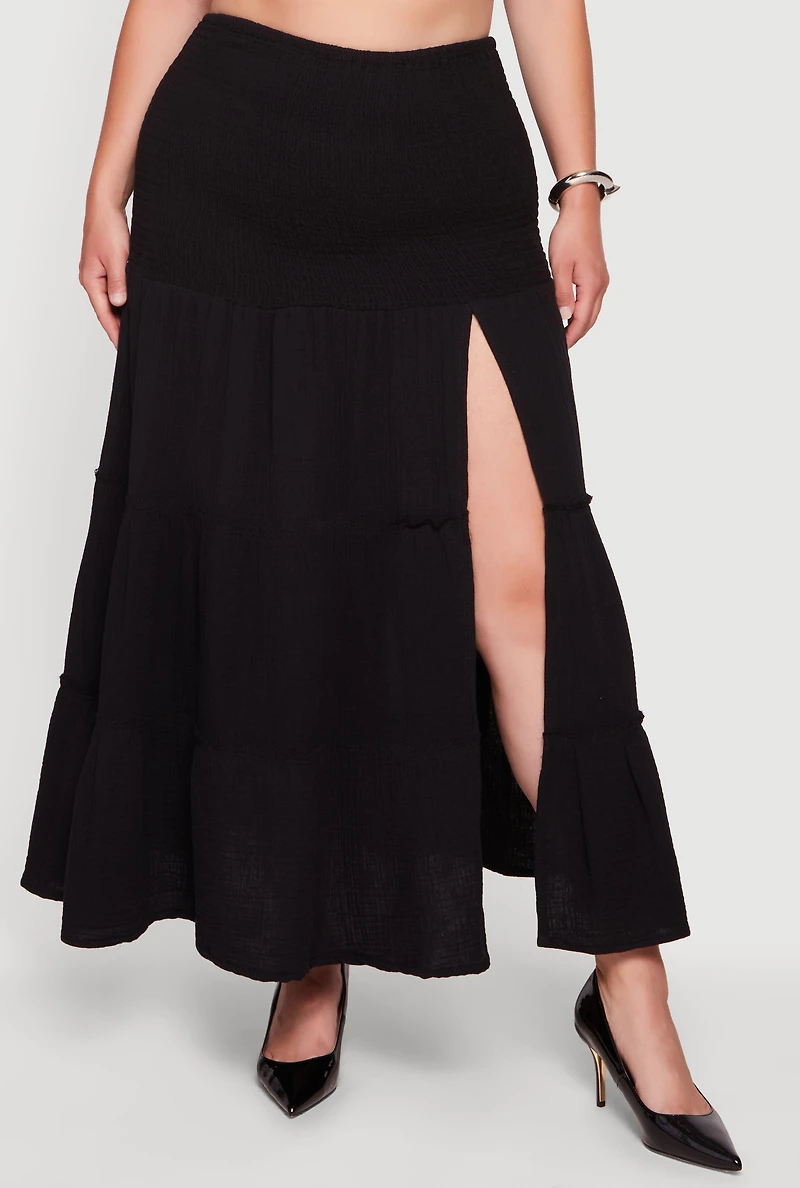 Plus High Waisted Smocked Tiered Skirt with Side Slit