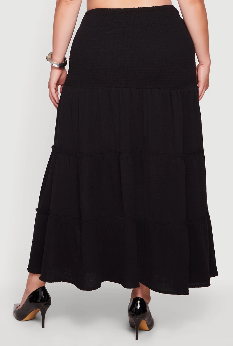 Plus High Waisted Smocked Tiered Skirt with Side Slit