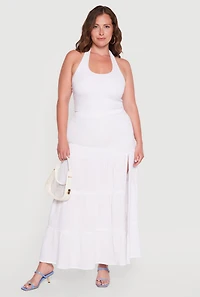 Plus High Waisted Smocked Tiered Skirt with Side Slit