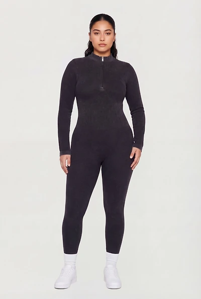 Plus Acid Wash Seamless Ribbed Long Sleeve Catsuit