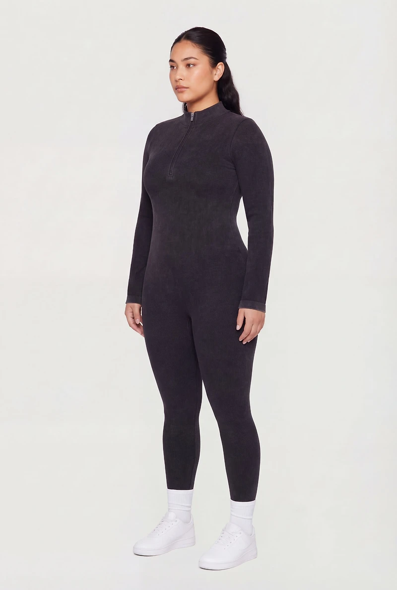 Plus Acid Wash Seamless Ribbed Long Sleeve Catsuit