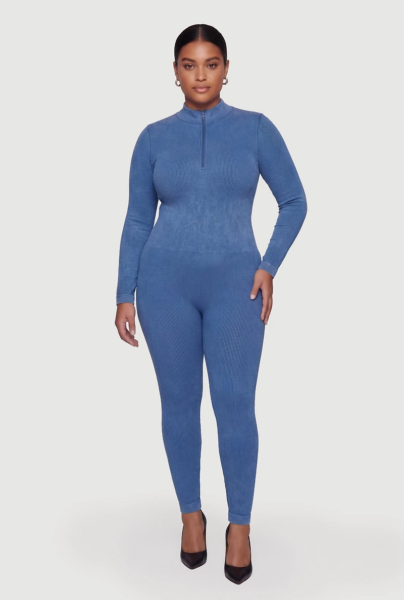 Plus Acid Wash Seamless Ribbed Long Sleeve Catsuit