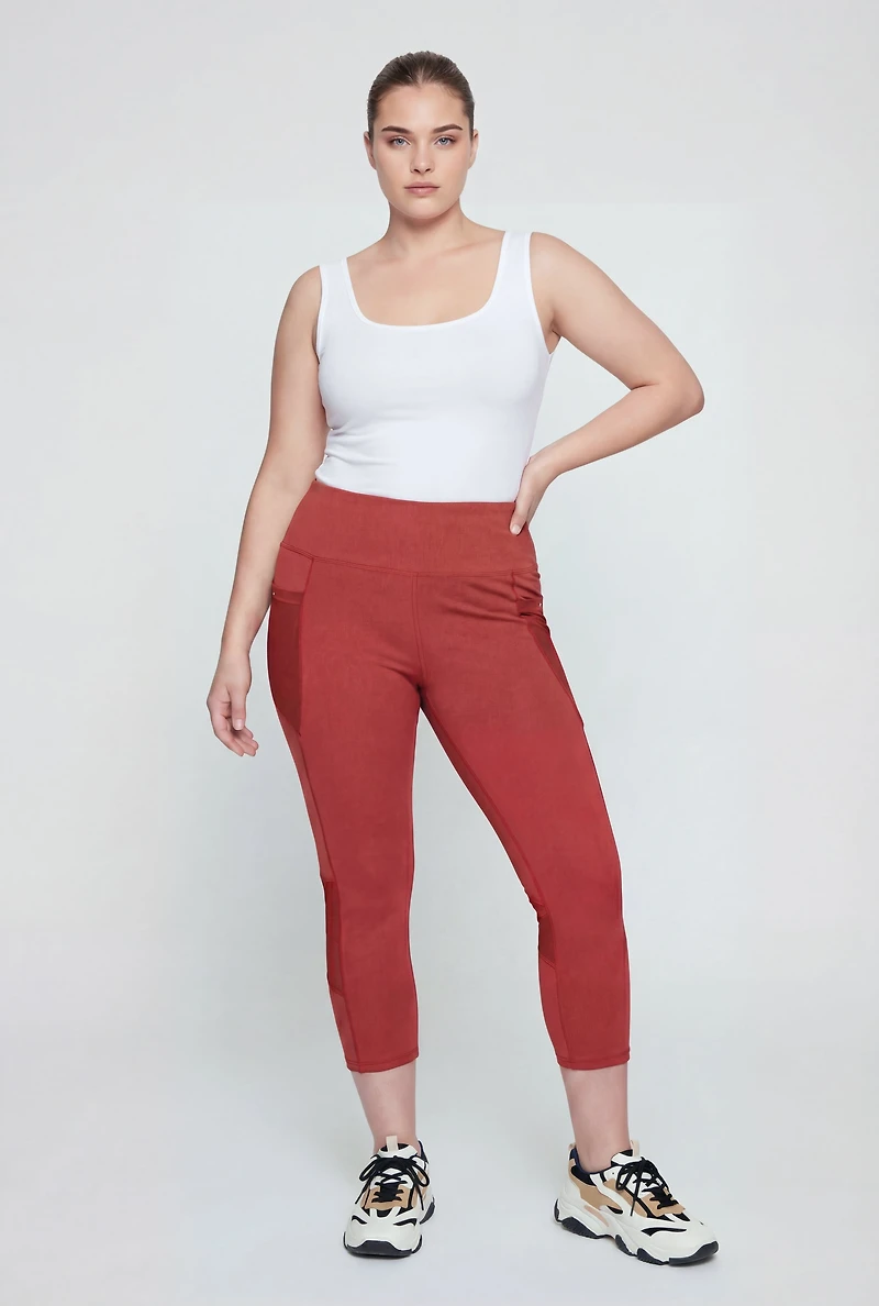 Plus Mesh Detail Cropped Leggings with Side Pockets