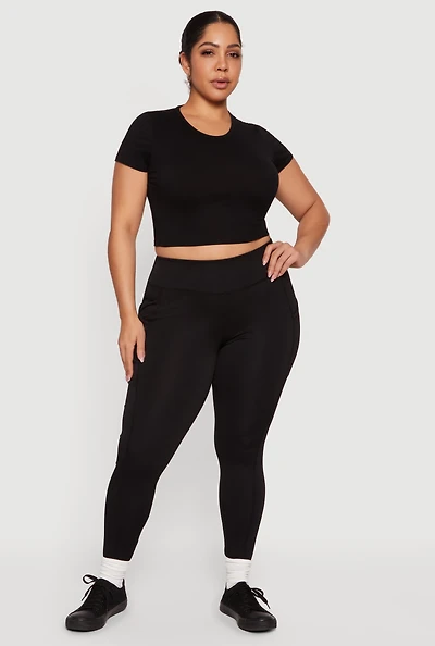 Plus Solid High Waisted Leggings with Cell Phone Pockets