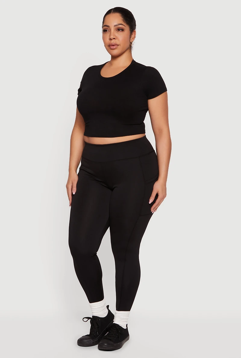 Plus Solid High Waisted Leggings with Cell Phone Pockets