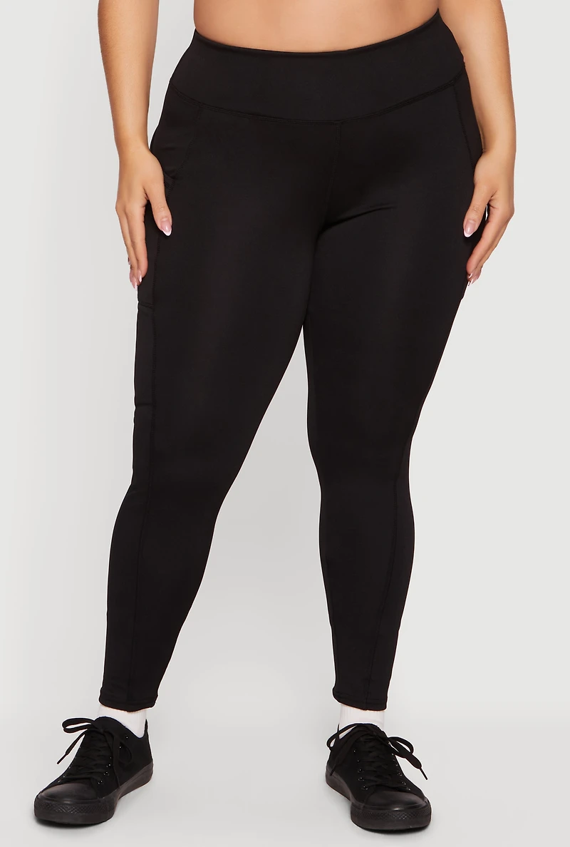 Plus Solid High Waisted Leggings with Cell Phone Pockets