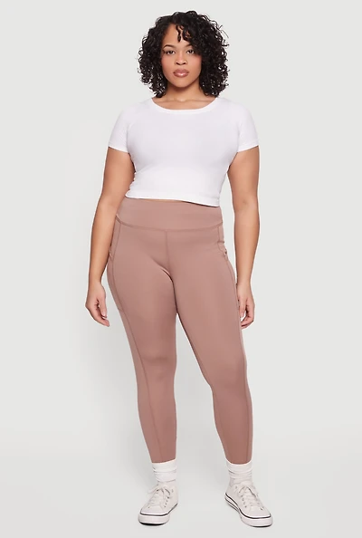 Plus Solid High Waisted Leggings with Cell Phone Pockets