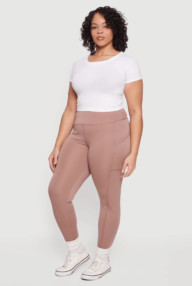 Plus Solid High Waisted Leggings with Cell Phone Pockets