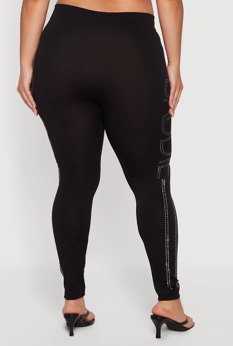 Plus High Waisted Rhinestone Baddie Graphic Leggings
