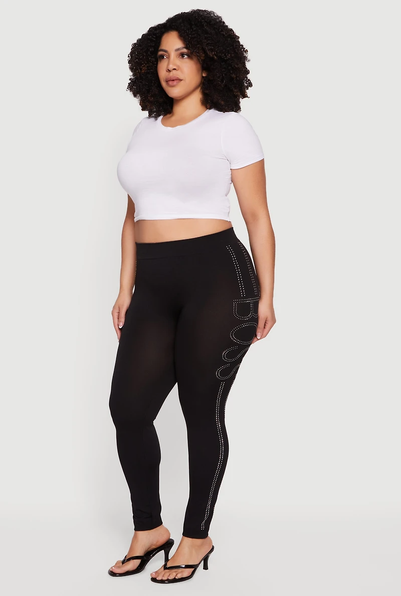 Plus High Waisted Rhinestone Boss Graphic Leggings