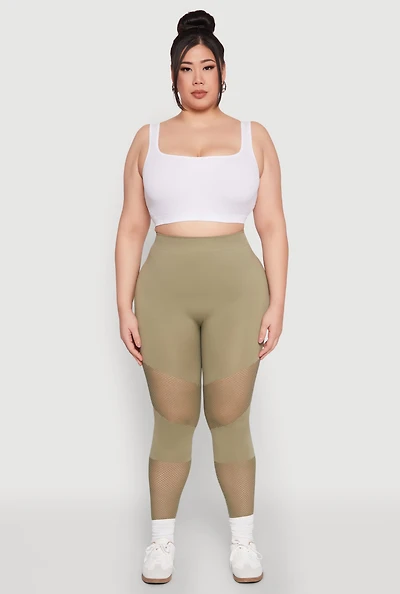 Womens Plus Size Fishnet Detail Seamless Leggings, Green, Size 1X-2X