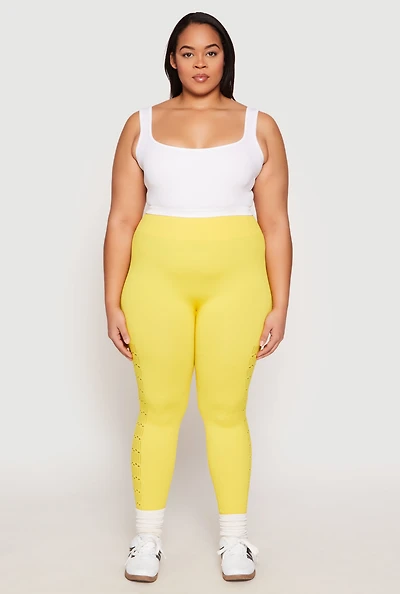 Womens Plus Size Side Laser Cut Seamless Leggings, Yellow, Size 2X-3X
