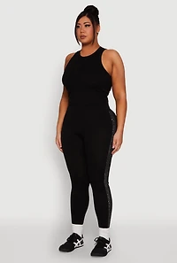 Womens Plus Size High Waisted Greek Key Side Stripe Leggings, Black, Size 1X-2X