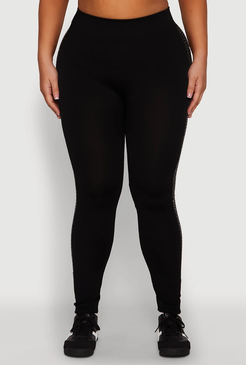 Womens Plus Size High Waisted Greek Key Side Stripe Leggings, Black, Size 1X-2X