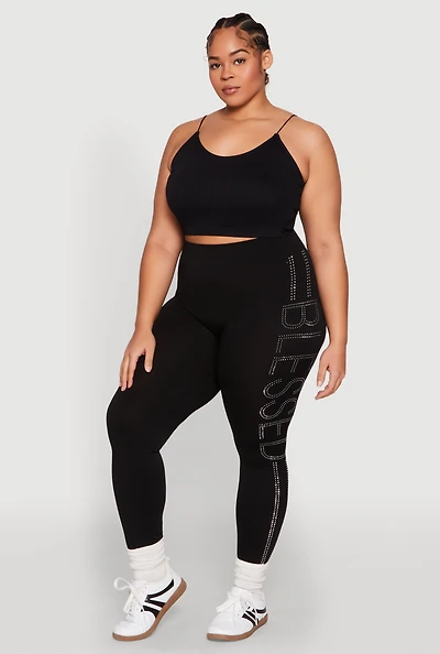 Plus Rhinestone Blessed Seamless Leggings