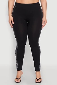 Womens Plus Size Seamless Rhinestone Chevron Print Leggings, Black, Size 1X-2X