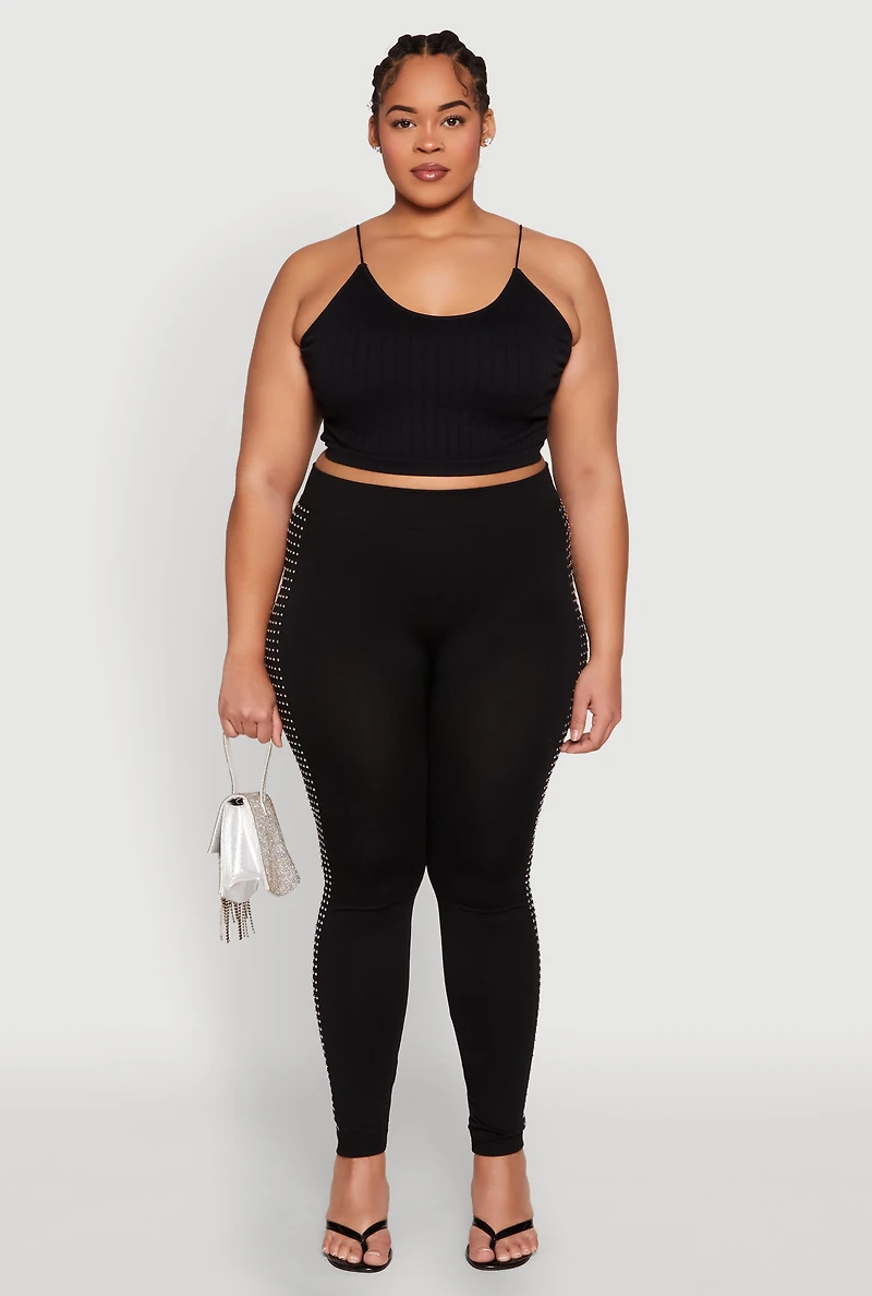 Womens Plus Size Rhinestone Studded Seamless Leggings, Black, Size 1X-2X