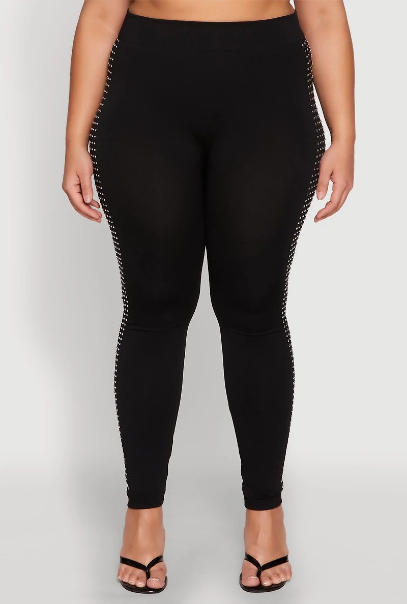 Womens Plus Size Rhinestone Studded Seamless Leggings, Black, Size 1X-2X