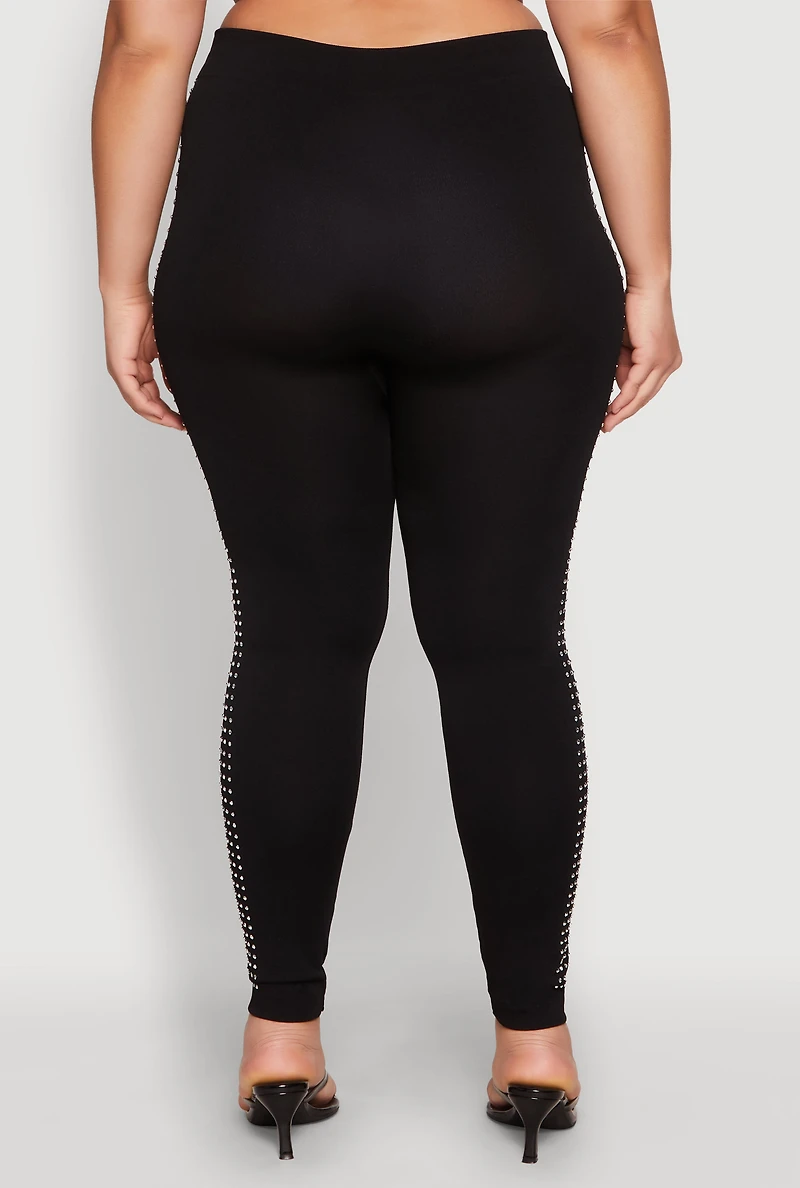 Womens Plus Size Rhinestone Studded Seamless Leggings, Black, Size 1X-2X