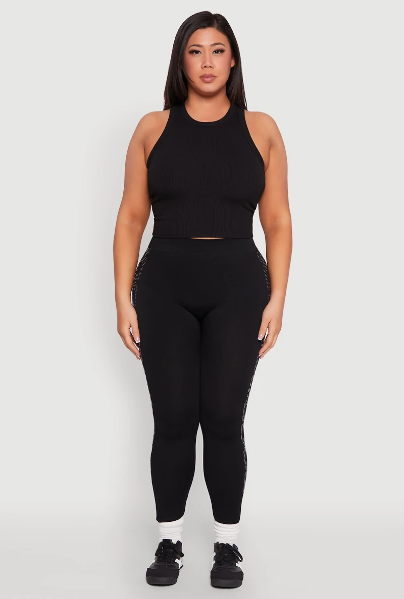 Womens Plus Size Chain Link Rhinestone Seamless Leggings, Black, Size 2X-3X