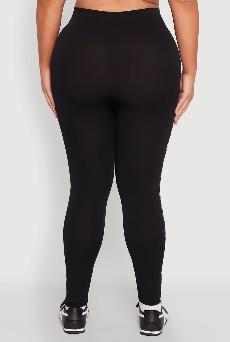 Womens Plus Size Chain Link Rhinestone Seamless Leggings, Black, Size 2X-3X