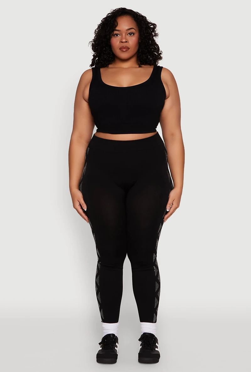 Womens Plus Size Triangle Rhinestone Seamless Leggings, Black, Size 2X-3X
