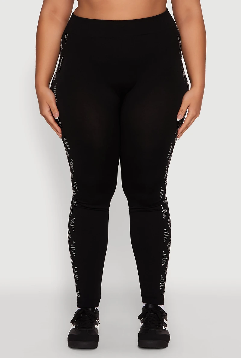 Womens Plus Size Triangle Rhinestone Seamless Leggings, Black, Size 2X-3X