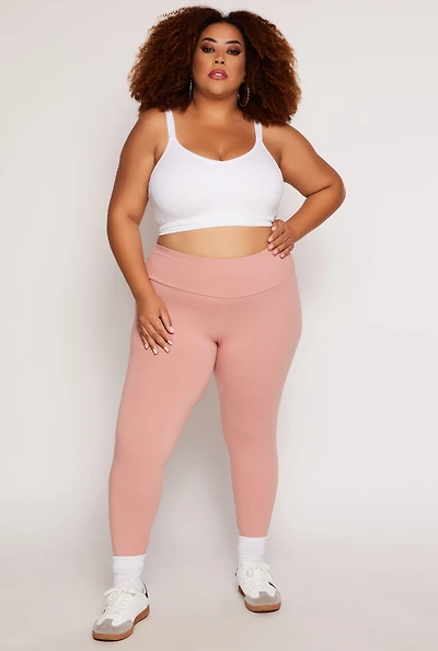 Womens Plus Size Basic Waistband High Waist Leggings, Pink, Size 1X