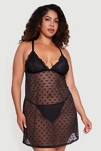 Womens Plus Size Heart Patterned Scalloped Lace Detail Babydoll and G String, Black, Size 2X