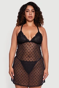 Womens Plus Size Heart Patterned Scalloped Lace Detail Babydoll and G String, Black, Size 3X