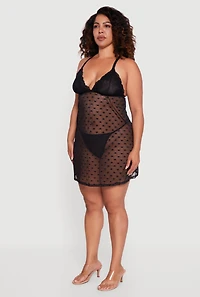 Womens Plus Size Heart Patterned Scalloped Lace Detail Babydoll and G String, Black, Size 2X