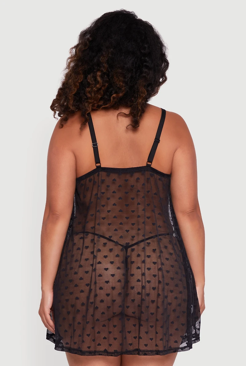Womens Plus Size Heart Patterned Scalloped Lace Detail Babydoll and G String, Black, Size 2X