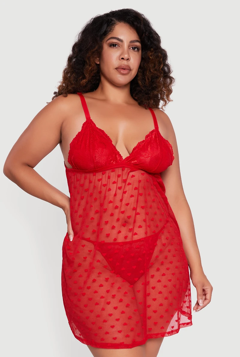 Plus Heart Patterned Scalloped Lace Detail Babydoll and G String