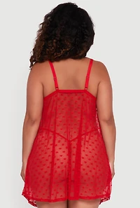 Plus Heart Patterned Scalloped Lace Detail Babydoll and G String