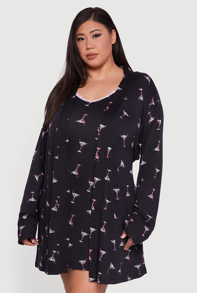 Plus Martini Print Robe and Cami Nightgown