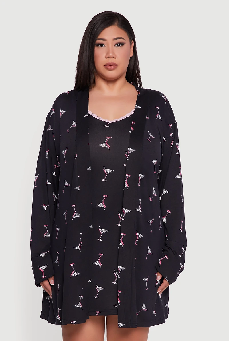 Plus Martini Print Robe and Cami Nightgown