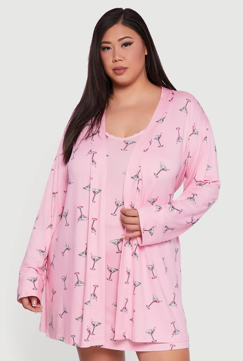 Womens Plus Size Martini Print Robe and Cami Nightgown, Pink, Size 2X