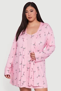 Womens Plus Size Martini Print Robe and Cami Nightgown, Pink, Size 2X