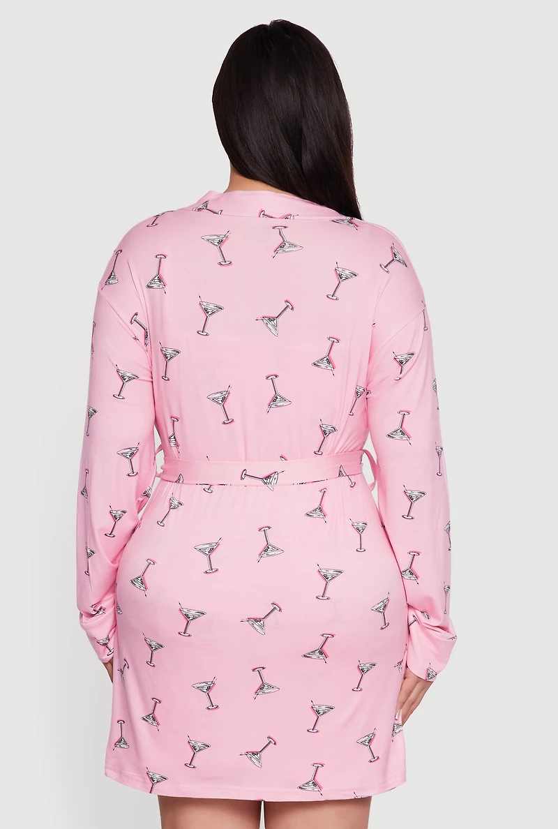 Womens Plus Size Martini Print Robe and Cami Nightgown, Pink, Size 2X
