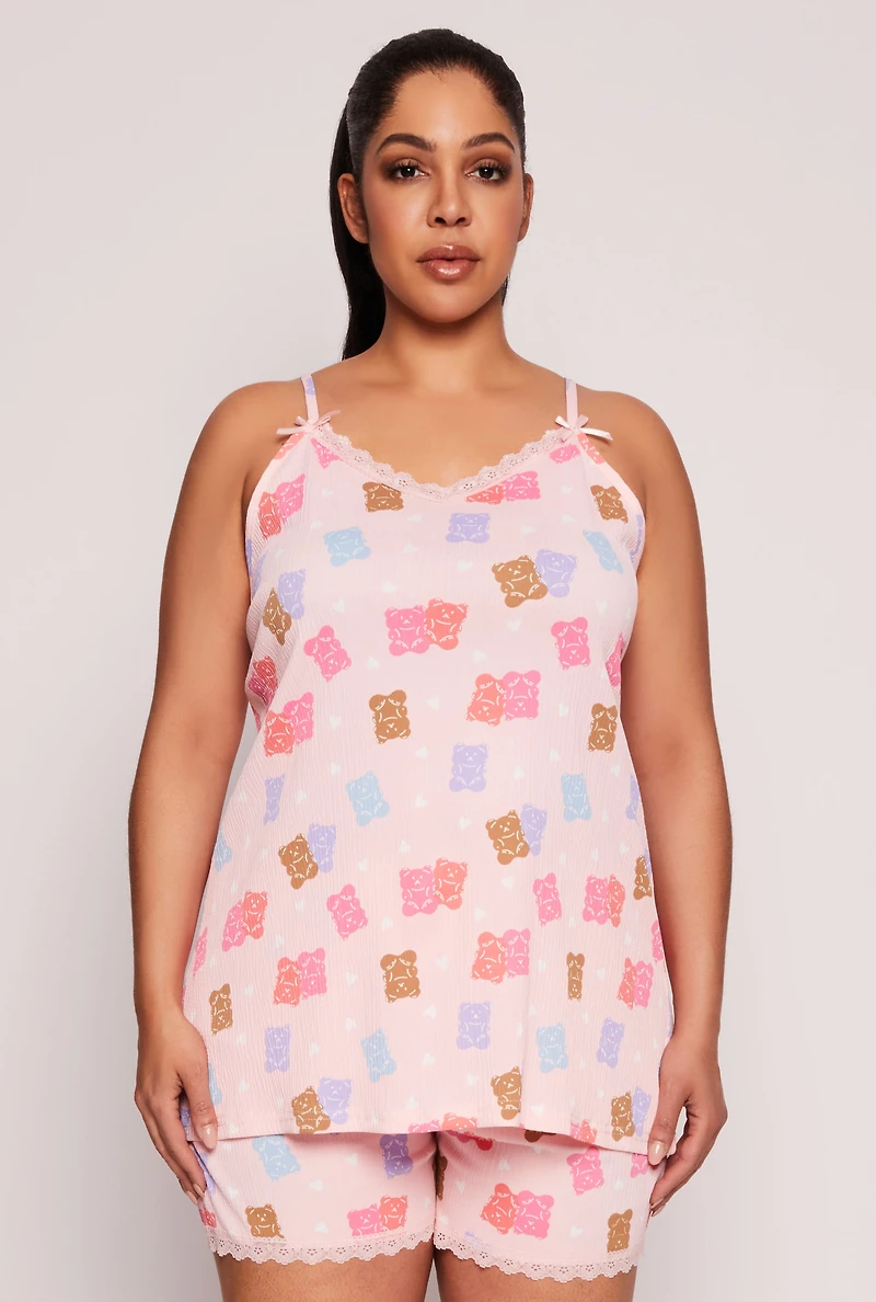 Womens Plus Size Gummy Bear Pajama Top and Shorts, Pink, Size 1X