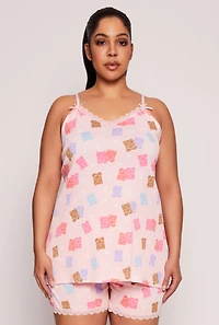 Womens Plus Size Gummy Bear Pajama Top and Shorts, Pink, Size 1X