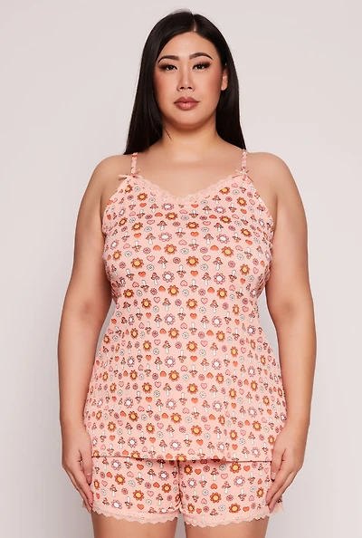 Womens Plus Size Ditsy Floral Mushroom Print Pajama Cami and Shorts, Orange, Size 2X
