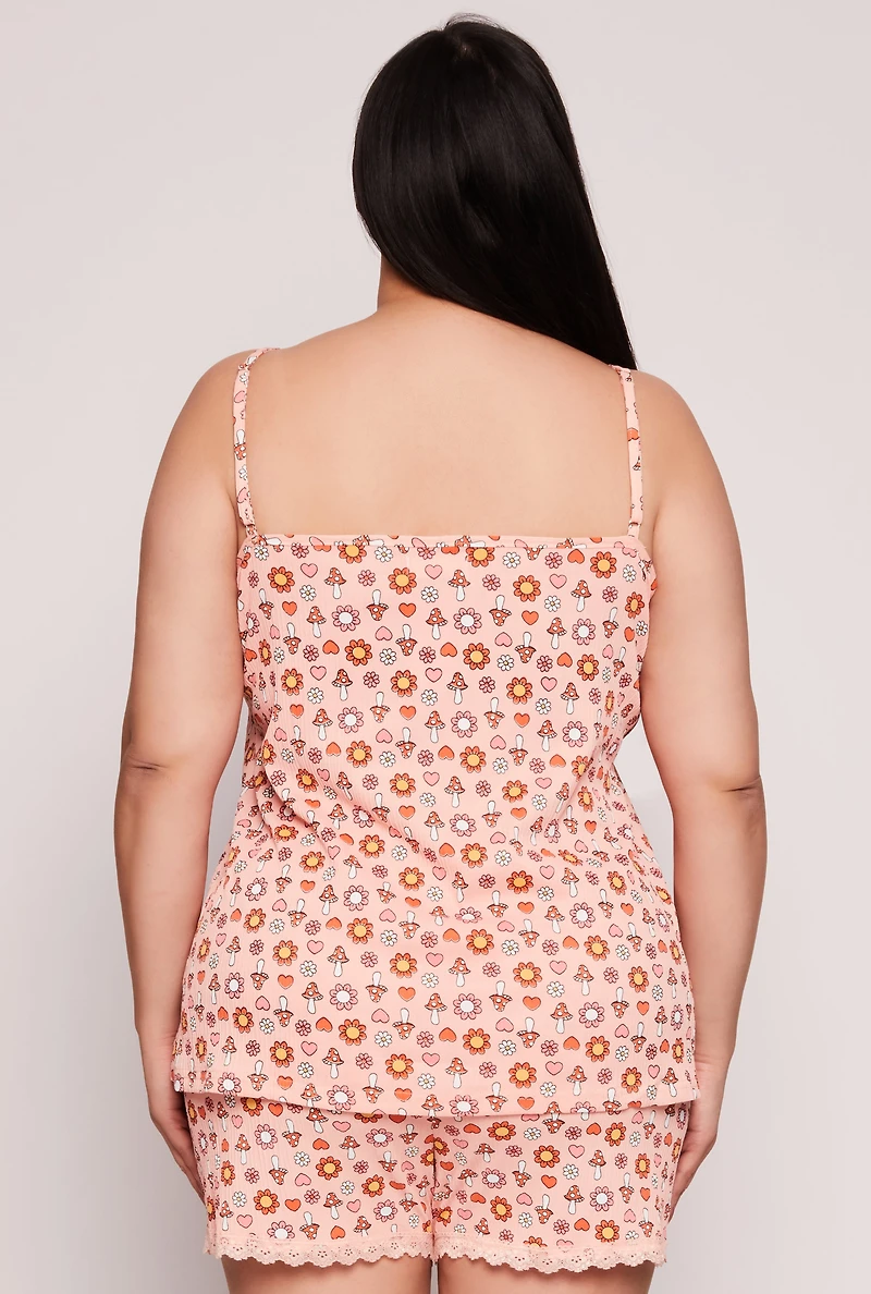 Womens Plus Size Ditsy Floral Mushroom Print Pajama Cami and Shorts, Orange, Size 3X